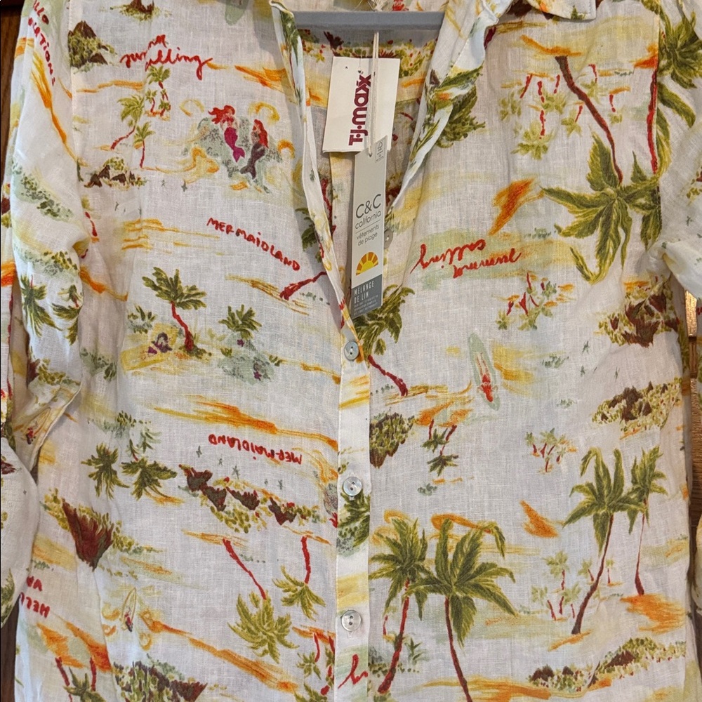 C&C California White Tropical Island Print Button-Up cover up - Picture 2 of 3
